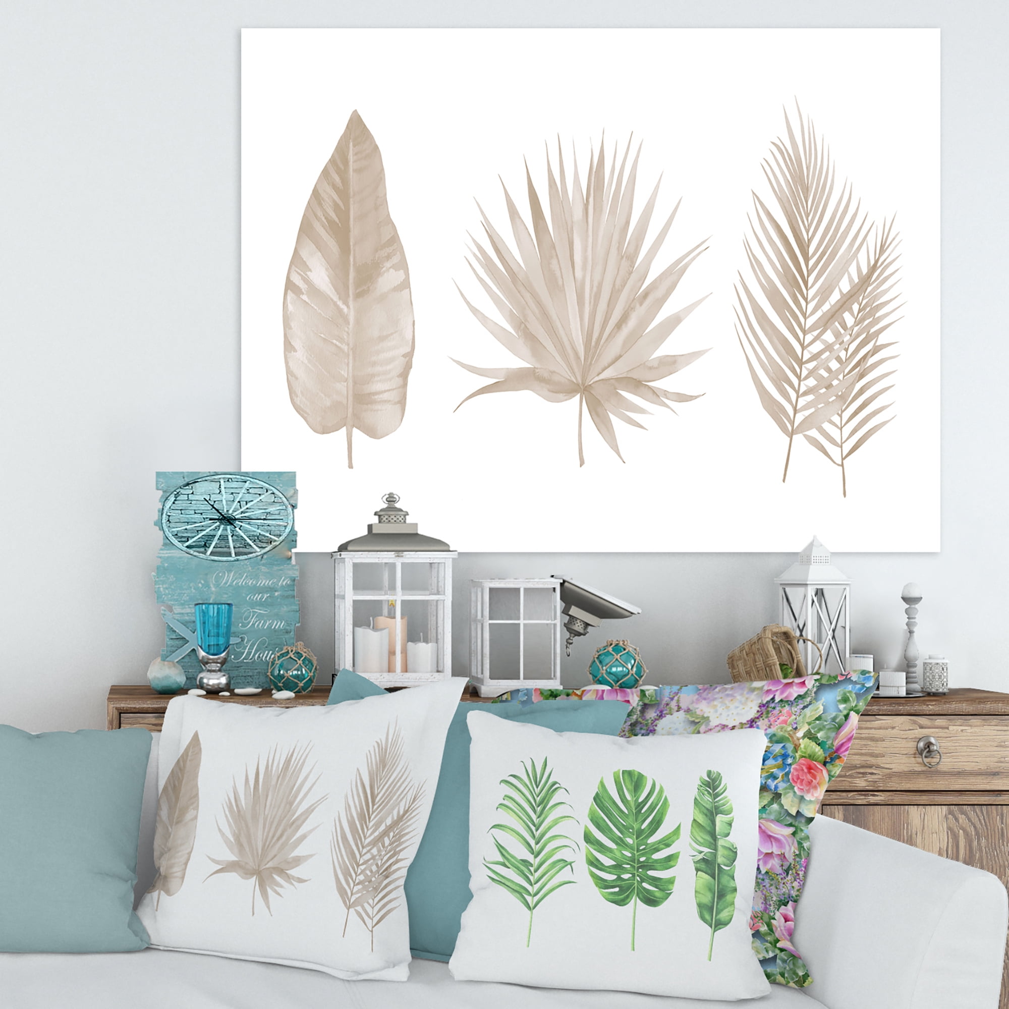Designart ' Tropical Beiges Leaves On White ' Traditional Canvas Wall Art Print