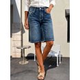 thumbnail image 3 of Women's High‑Rise Denim Bermuda Shorts, Medium Blue Wash Stretch Knee‑Length Jean Shorts with Pockets, Casual Denim Bottoms Sizes 4‑18, 3 of 7