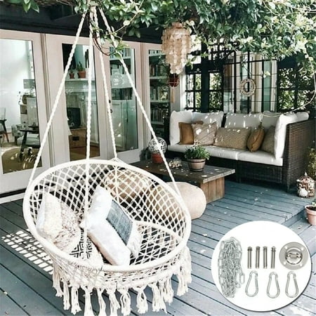 Patio Gift - Hanging Hammock Mesh Woven Rope Macrame hammock Wooden Bar Chair Swing Outdoor Home Garden Patio Chair Seat + Install Tool Home Decor Gift
