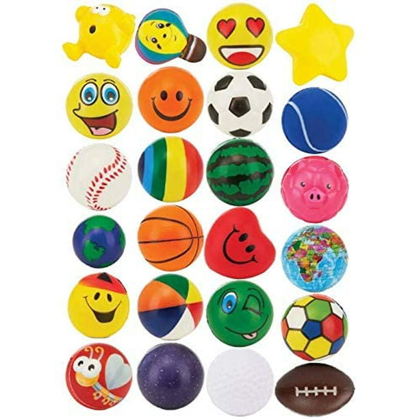 24 Stress Balls Bulk Stress Relief Toys Assortment 2.5" Stress Balls, Smile Face, Globe