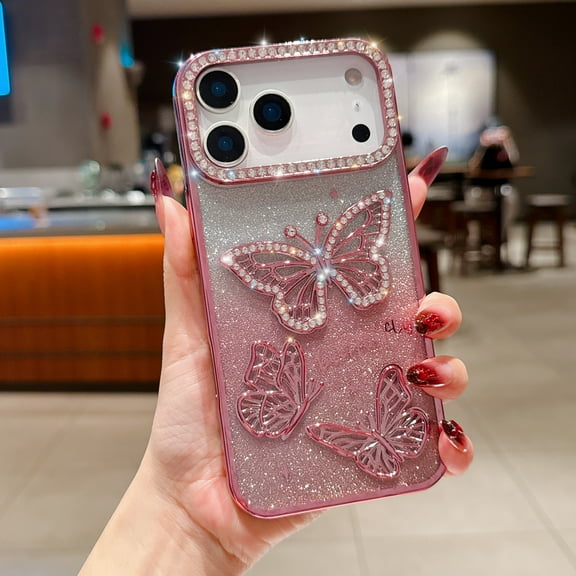 For iPhone 17 Pro Phone Case,Luxury Bling Gradient Glitter Back,Cute 3D Diamond Butterfly Pattern Plating Bling Case,Sparkly Diamond Camera Protection,Rugged Shockproof Phone Case,Pink