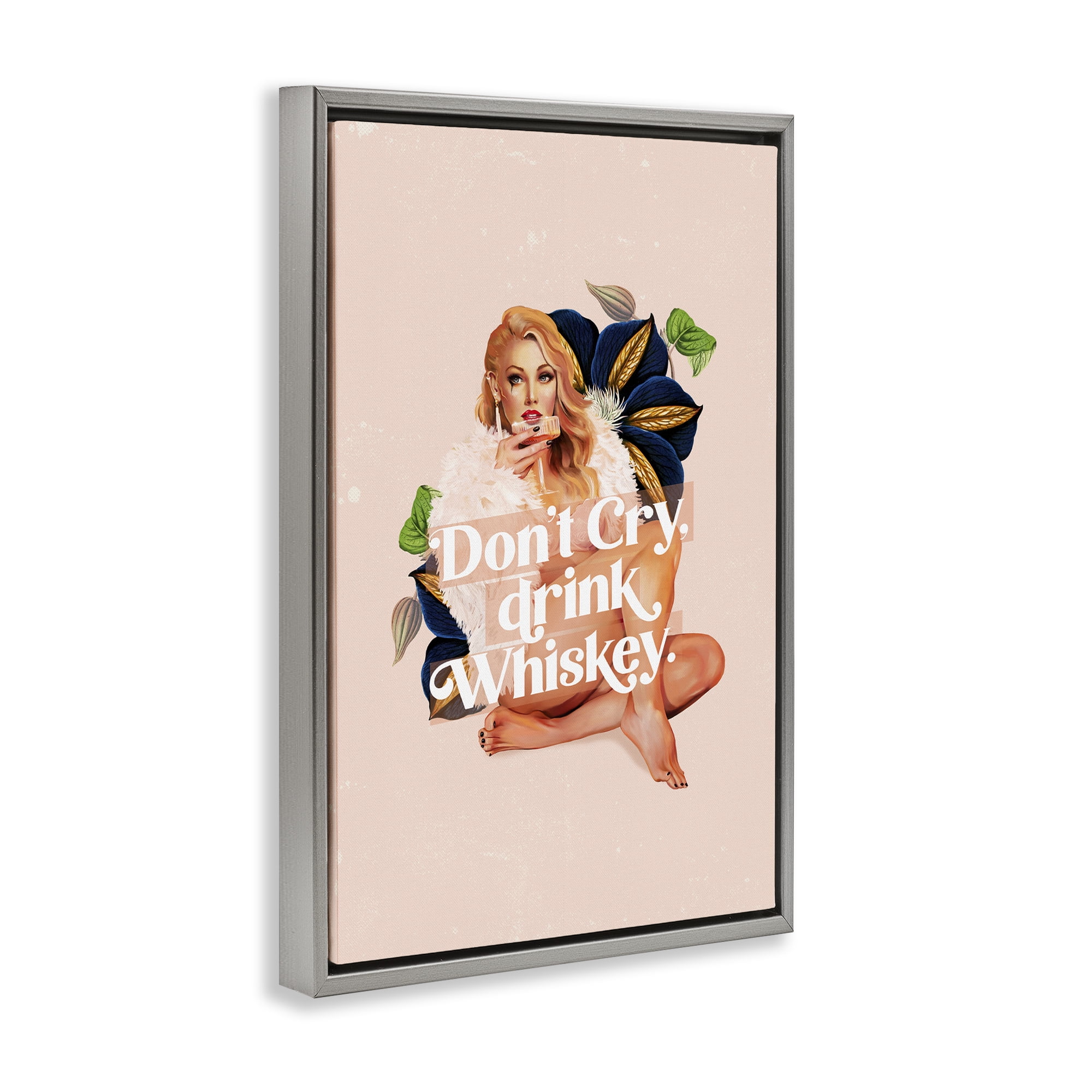 Stupell Industries Don't Cry Drink Whiskey People Painting Gray Floater Framed Canvas Art Print Wall Art, 17 x 25