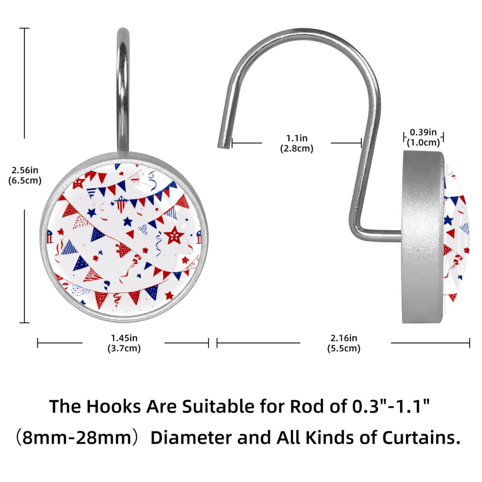 12pcs Decorative Shower Curtain Hooks, Rust Resistant Shower Rings for Bathroom Living Room,Rustproof Stainless Steel Rings for Shower Curtain and Liner Rods,4th of July Flags