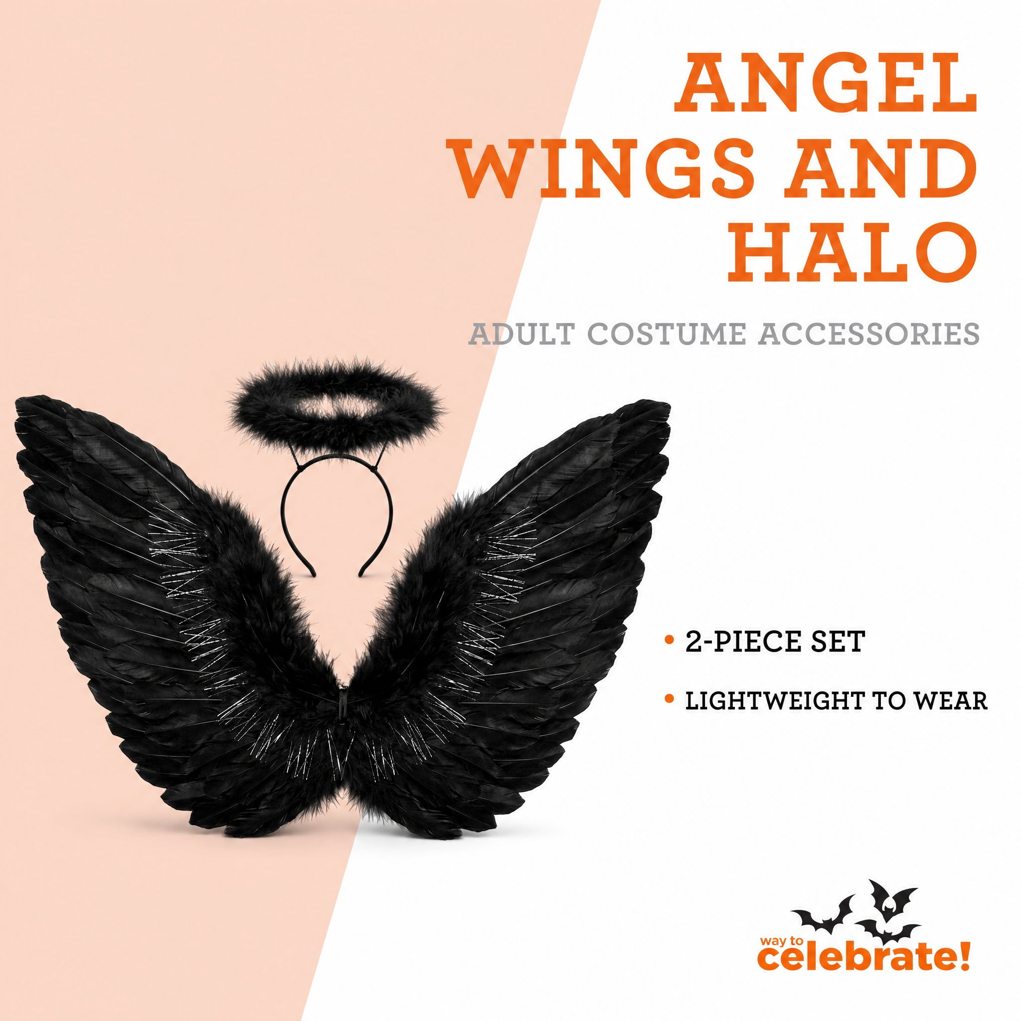 Angel Wings and Halo Costume Accessory for Adults, Black, 2 Pieces, Halloween by Way To Celebrate