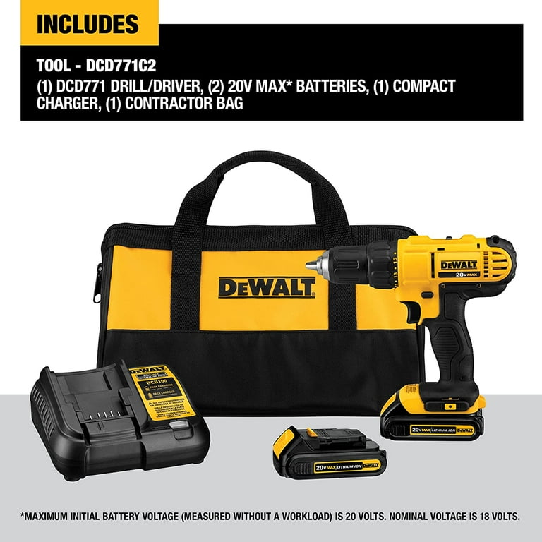 20-Volt MAX Lithium-Ion Cordless 1/2 in. Drill/Driver Kit with (2) 20-Volt Batteries 1.3Ah, Charger and Tool Bag 20-Volt MAX Lithium-Ion Cordless 1/2 in. Drill/Driver Kit with (2) 20-Volt Batteries 1.3Ah, Charger and Tool Bag