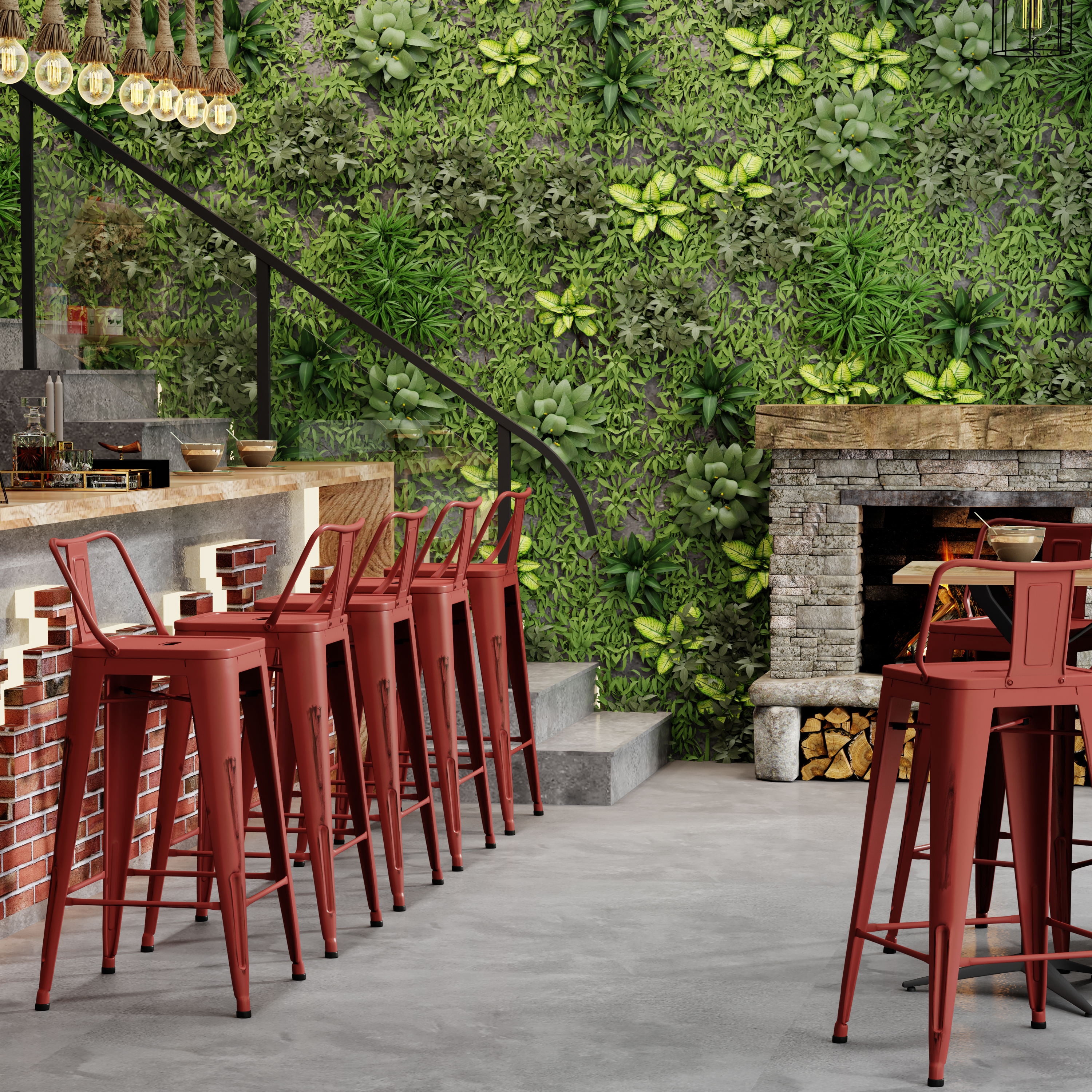 Andeworld 24" Low Back Distressed Red Bar Stools Industrial Metal Barstools Counter Height Stools [Set of 4]