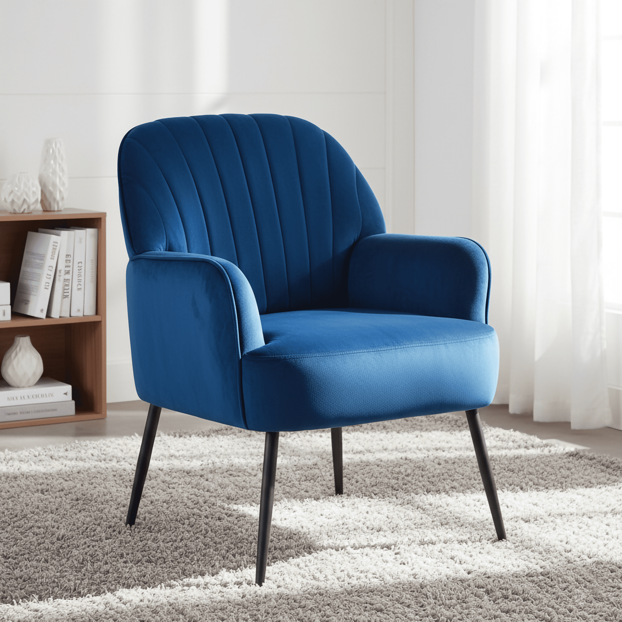 Mintazer Velvet Accent Chair with Shell-Shaped Backrest, Modern Upholstered Armchair with Metal Legs for Living Room & Bedroom, Blue
