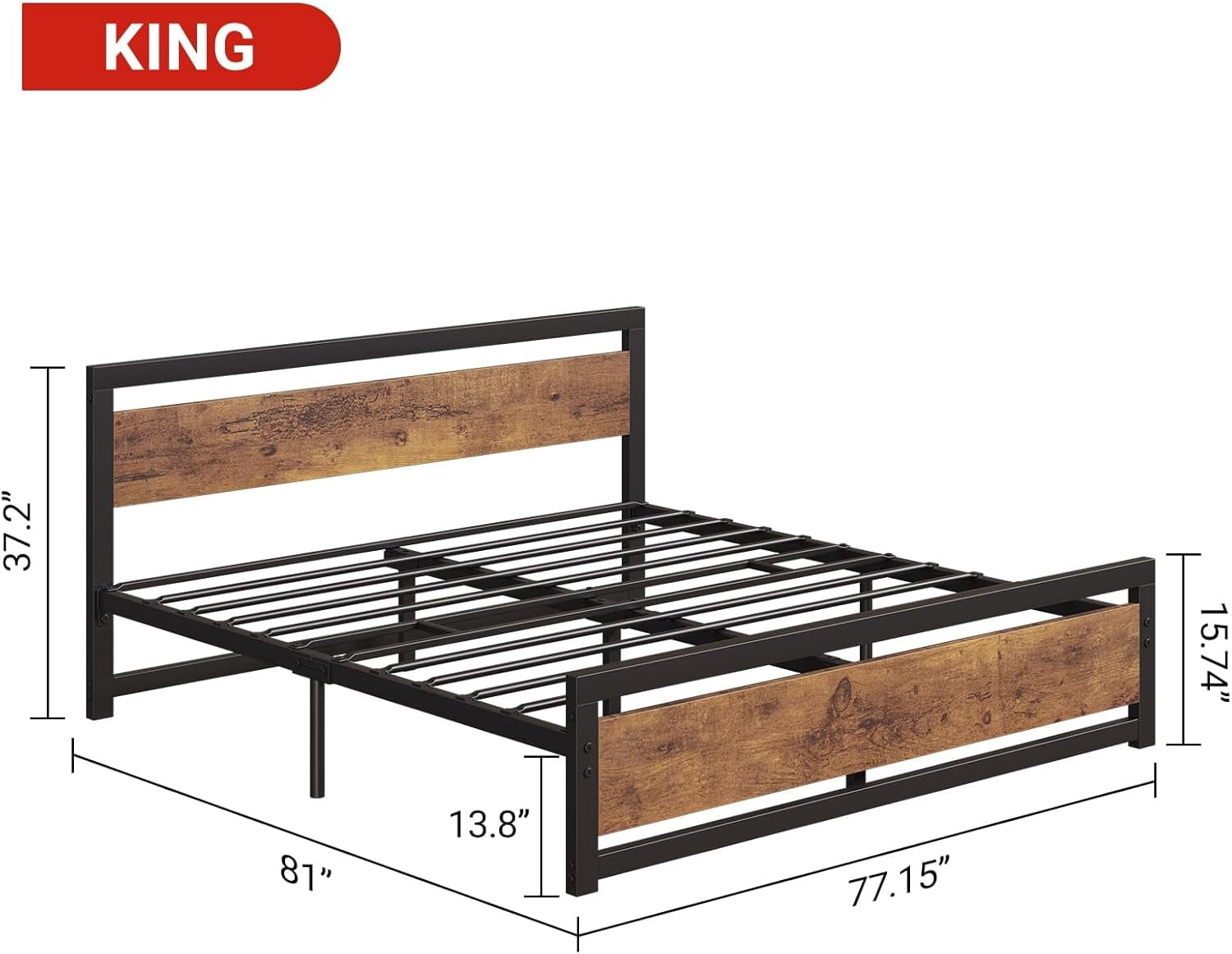 King Size Bed Frame, Industrial King Bed Platform with Headboard, Easy Assemble Mattress Bedframe in Retro Brown, No Box Spring Needed