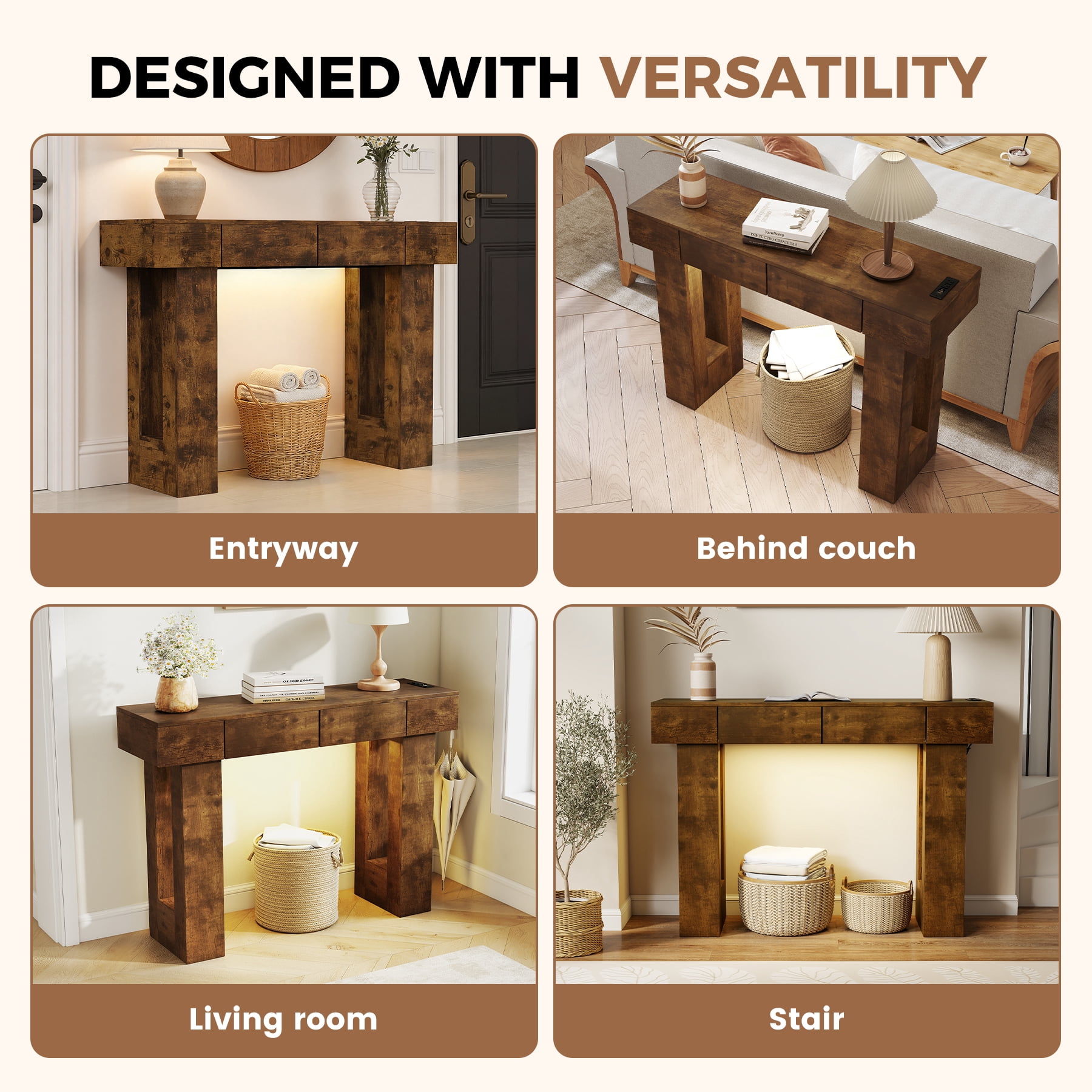 MOONMISS 47"Wide Console Table with 2 Drawers,Multifunctional Charging Station, LED Light, Solid Wood Farmhouse Console Table Behind Couch for Entryway, Hallway, Living Room-Dark Brown