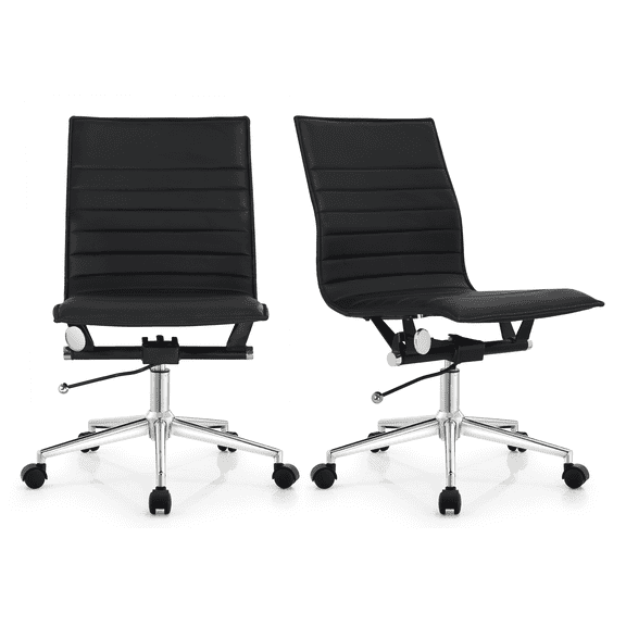 Homelala Set of 2 Black Contemporary Modern Ergonomic Mid back PU Leather No Arms Rest Tilt Adjustable Height With Wheels Lumbar Support Swivel Office Chair