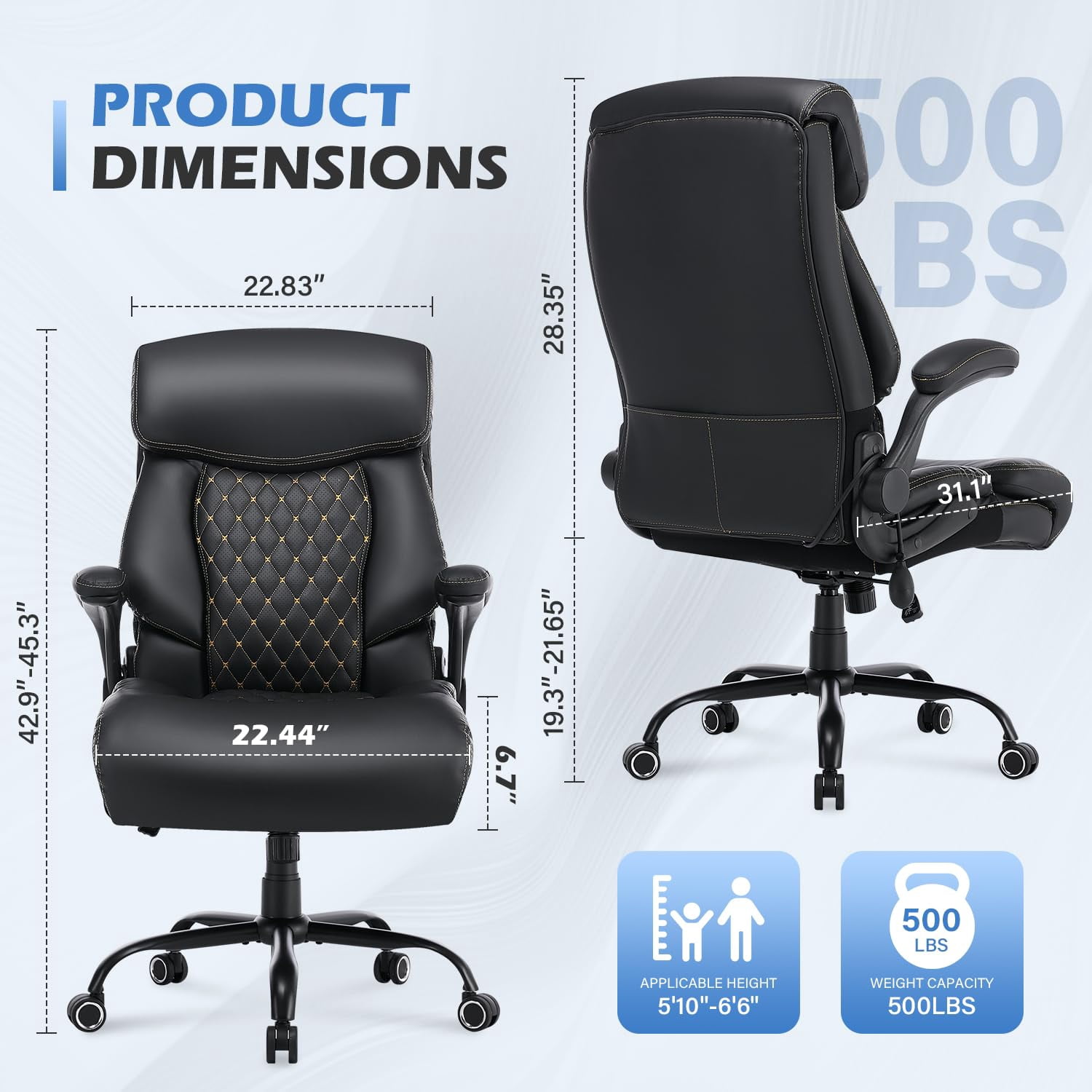 JONPONY Leather Office Chair,Big and Tall Office Chair 500LBS Wide Seat,Comfy Heavy Duty Executive Chair with Adjustable Lumbar Support for Back Pain,Black
