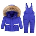 thumbnail image 2 of Jinhomg Winter Snowsuit for Baby Kid 3 Piece Windproof Ski Suit Thermal Comfy Faux Fur Trim Hooded Puffer Coat with Snowboard Overalls and Fleece Mittens Blue 1 Years, 2 of 9