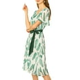thumbnail image 5 of INSPIRE CHIC Women's Flutter Sleeve V Neck Belted Chiffon Leaf Prints Midi Dress S Green White, 5 of 7