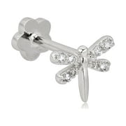 AVORA 14K White Gold Simulated Diamond CZ Dragonfly Cartilage Piercing Flat Back Earring Body Jewelry (18 Gauge)