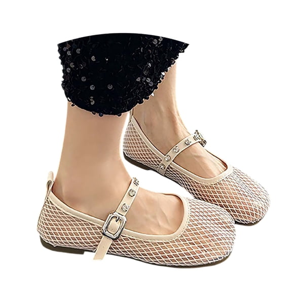 GPOECD Ballerines à Bout Carré à Bout Ouvert à Bout Carré en Maille à Brides Ballerines pour Sandales Mary Jane Plates à Bout Ouvert Chaussures en Résille Chaussures pour Femmes Beige,38