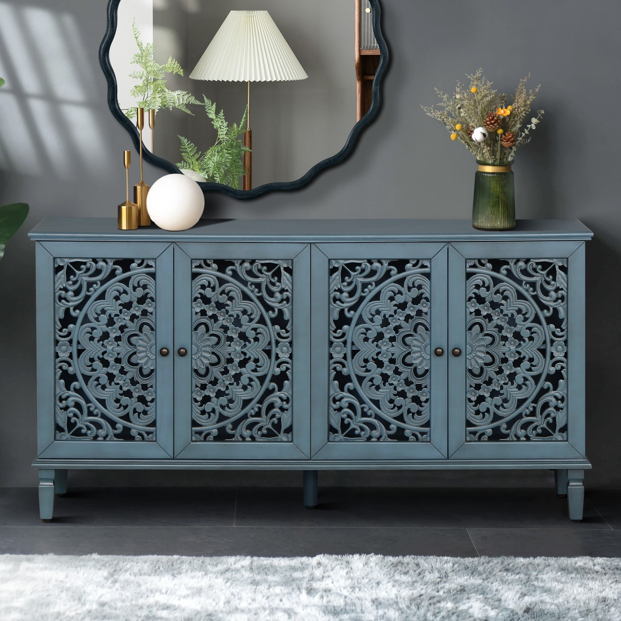 60" Antique Buffet Cabinet with Floral Carved Doors, TV Stand for 65 Inch TV, Sideboard Cabinet with Adjustable Shelves, Antique Blue