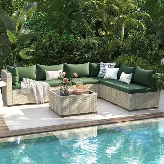 Techmilly 5 Pieces Patio Sectional Sofa PE Rattan Wicker Conversation Sets with Cushions and Glass Table(Green)