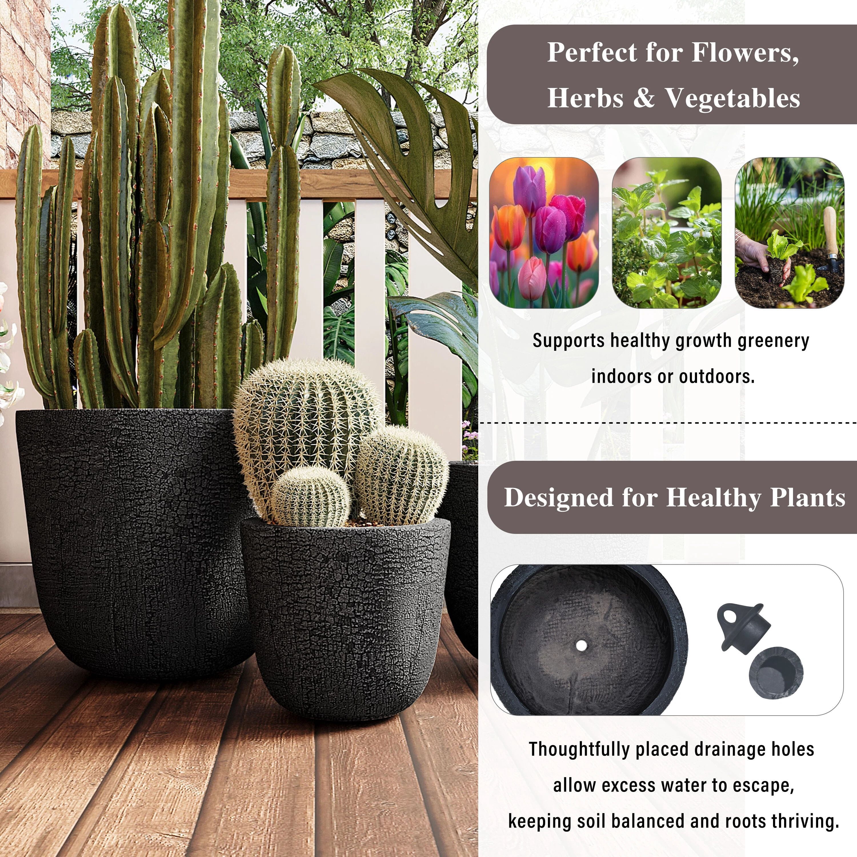 Euroco Large Concrete Planter Set of 3, 16.93"+13.78"+11.02" Dia Round Stackable Flower Pots with Drainage Holes and Rubber Plug,Modern Decorative Pots for Patio Garden Balcony Indoor Outdoor