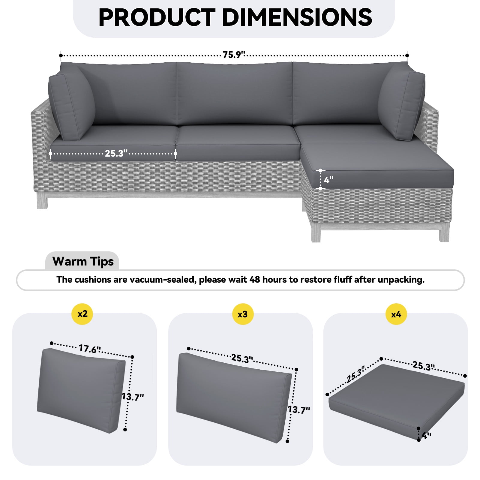 4 inch Outdoor Cushions for Patio Furniture with 5 Pillows, Patio Furniture Cushions,Water-Resistant Outdoor Couch Cushions,4 Seat Sofa Cushions for Outdoor Sectional,Grey
