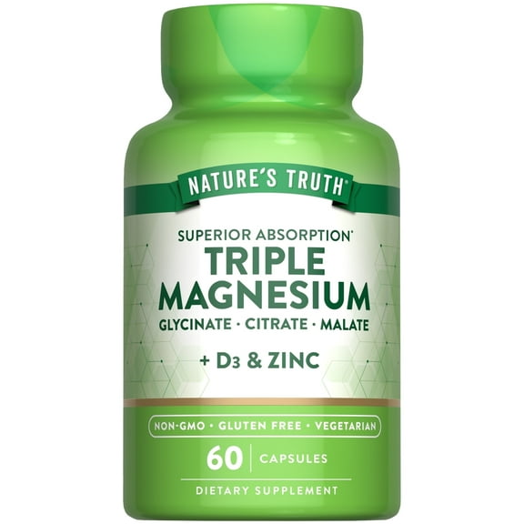 Triple Magnesium Complex Supplement | 60 Capsules | Glycinate, Citrate & Malate | with D3 & Zinc | by Nature's Truth