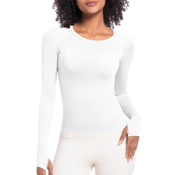 PiGOGI Women's Long Sleeve Shirt Women's Casual Fashion Solid Color Sports Yoga Quick Drying Long Sleeved Top White