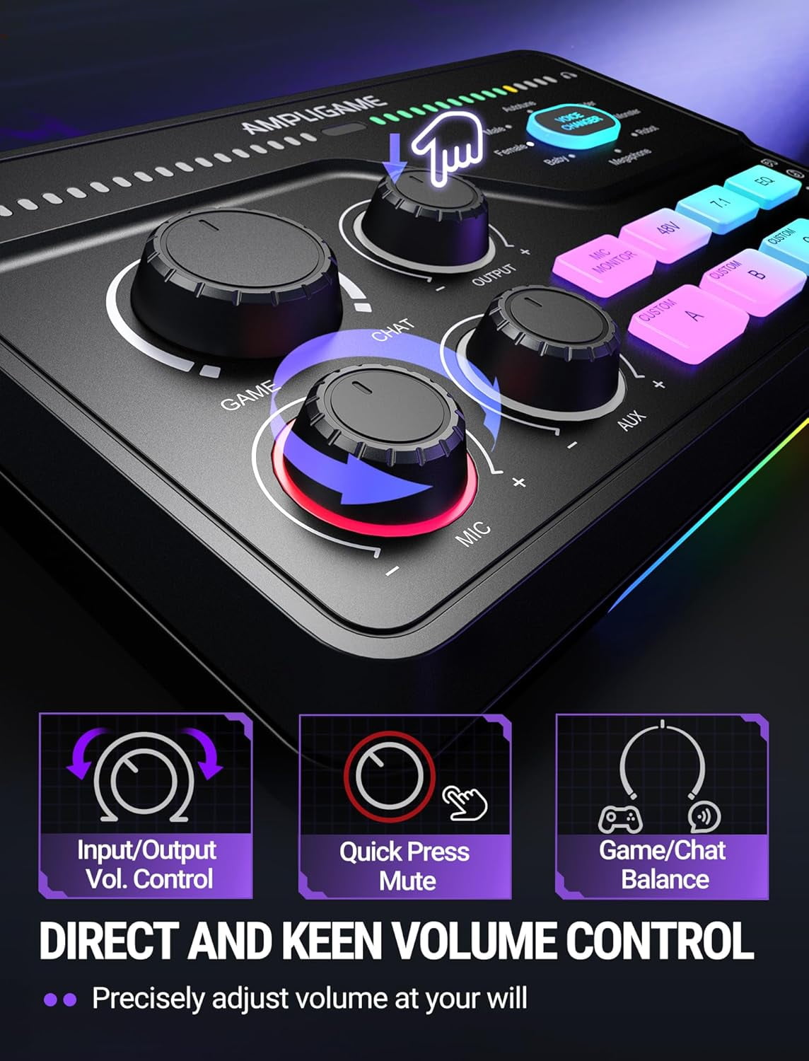 FIFINE WSC8 Gaming Audio Mixer for XLR Microphone, Game and Chat Mix Button with Software, 3 Channel Audio Interface for Volume Control, 48V Power