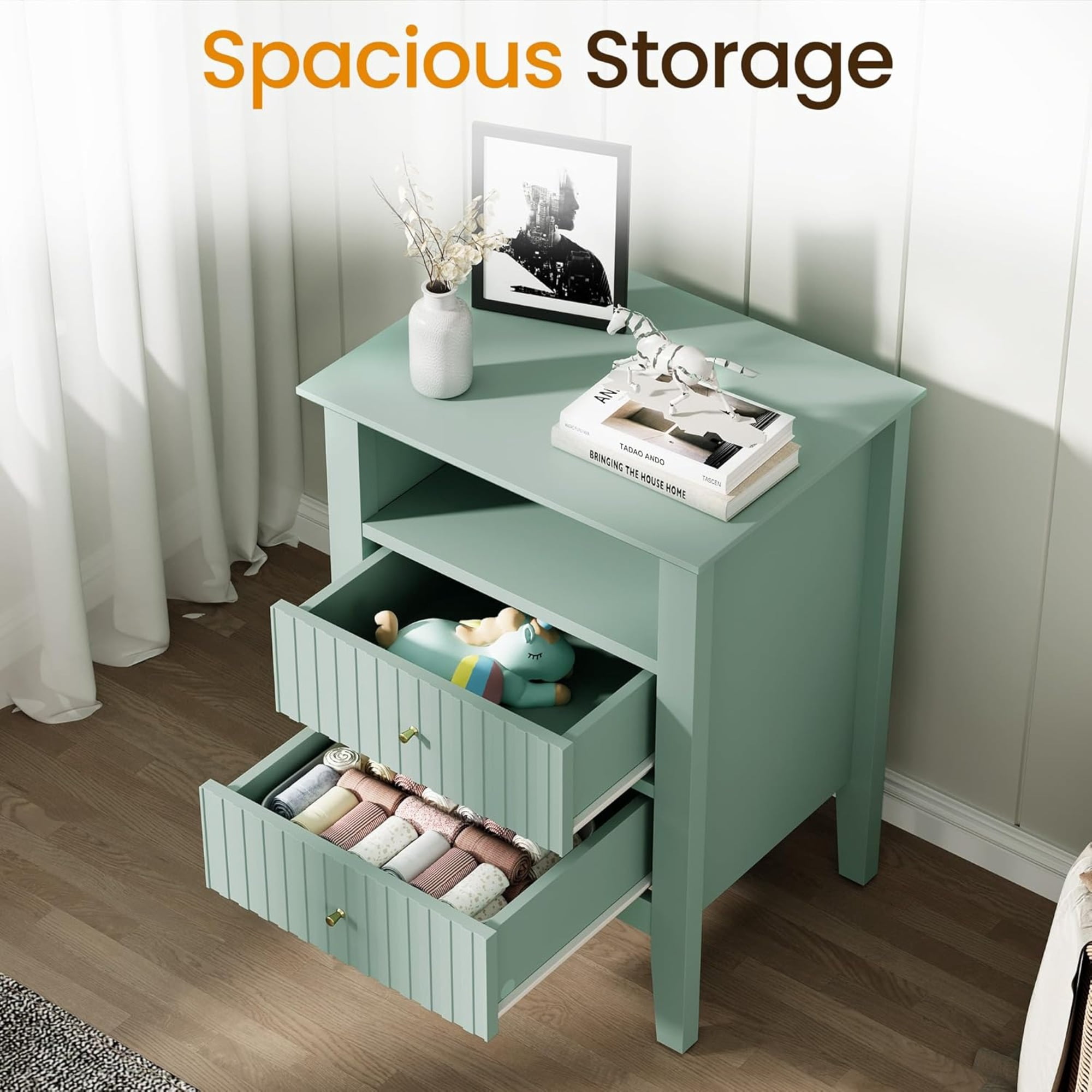 18" Green Fluted Nightstand, 2-Drawer Modern Side Table with Gold Knobs, Soft-Close Drawers & Anti-Tip Kit, P2 MDF Storage Cabinet for Bedroom Living Room