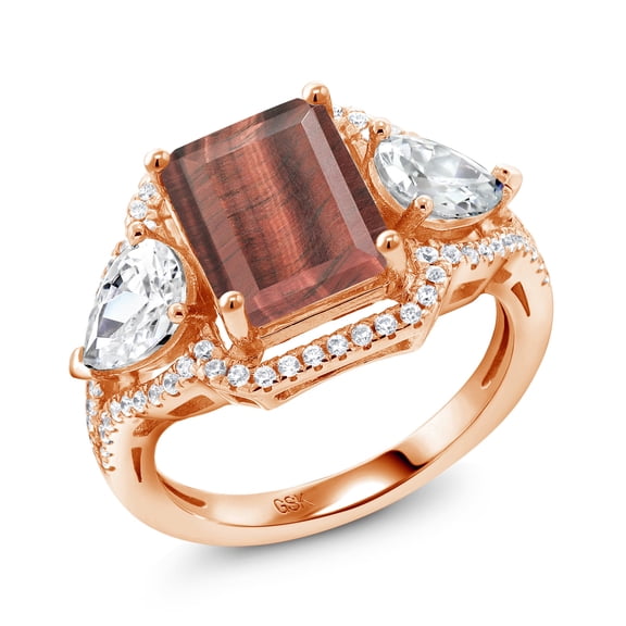 Gem Stone King 18K Rose Gold Plated Silver Red Tiger Eye Ring for Women (3.79 Cttw, Emerald Cut 10X8MM, Gemstone, Size 9)