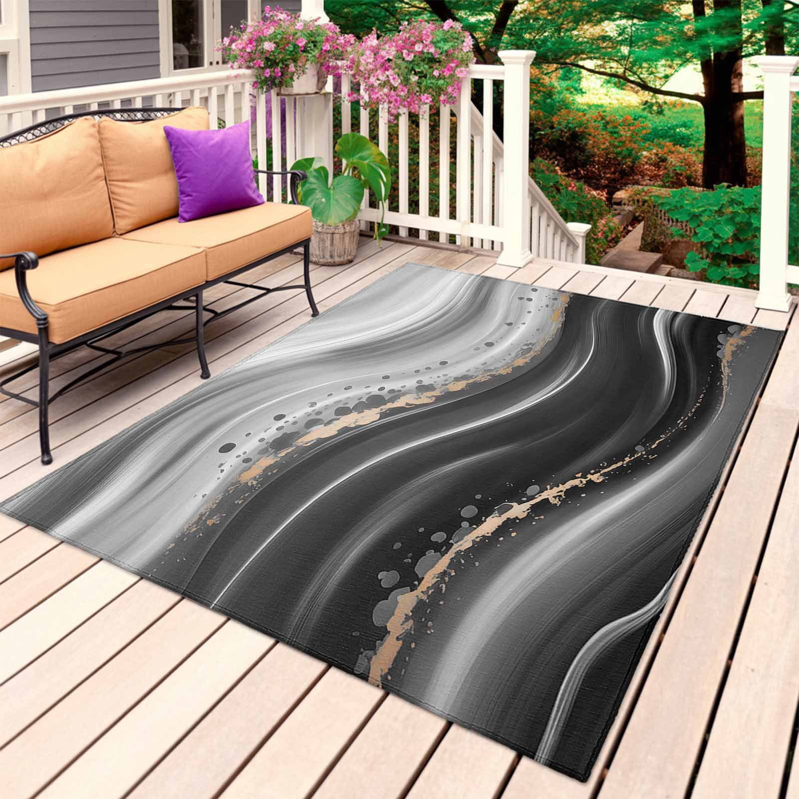 Outdoor Rug 3x5 ft Black Waves Outdoor Large Area Rug Non Slip Rubber Ombre Abstract Fluid Art Front Door Mat RV Rug Camping Carpet Patio Outdoor Rugs for Backyard Balcony Deck Porch Indoor