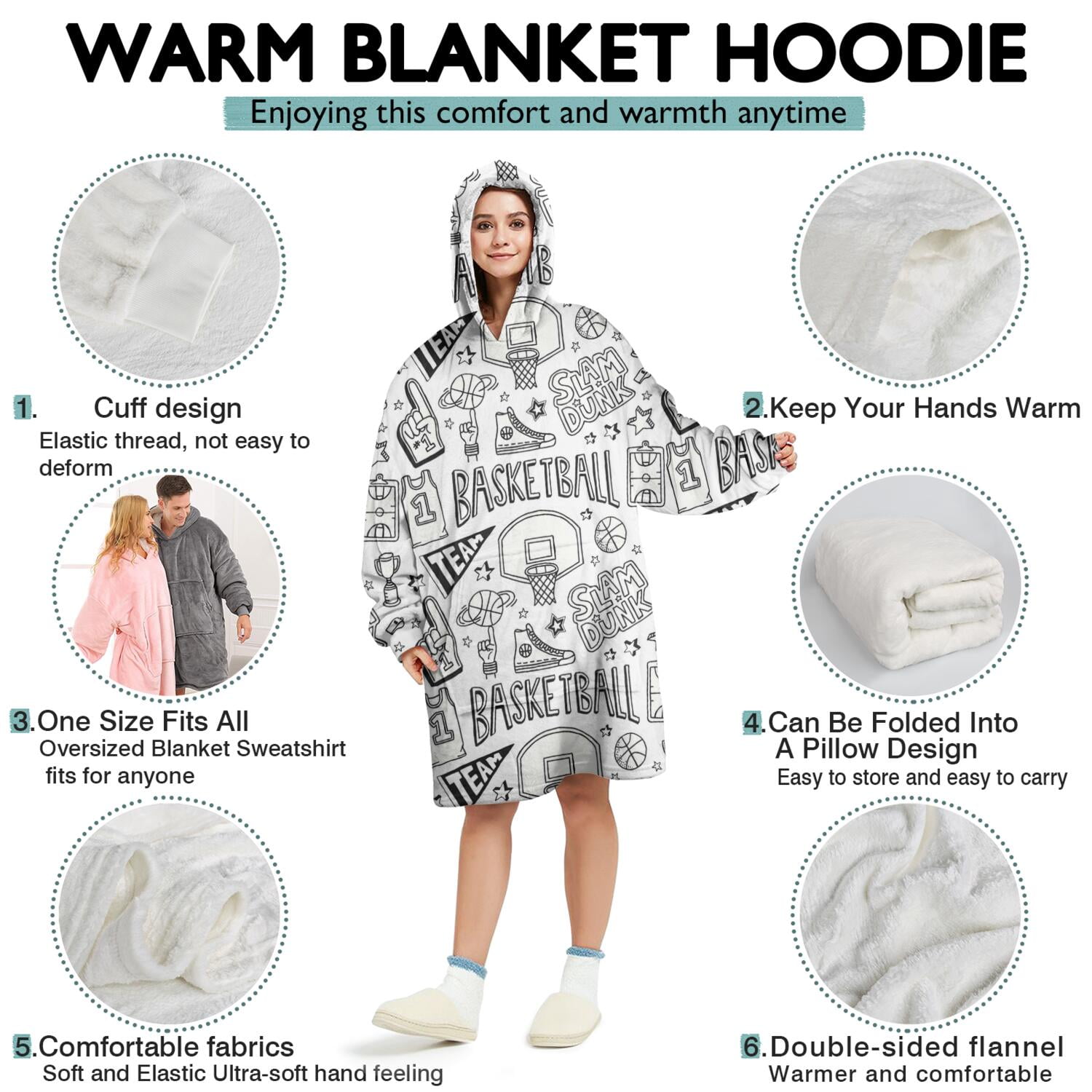 Basketball Doodle Pattern Wearable Oversized Blanket,Wearable Blanket Hoodie for Adults,Cozy Hooded Blankets with Super Pockets,Super Warm Fuzzy Pullover for Women & Men