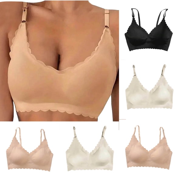 Byworldtasic Womens Seamless Wireless Bra Scalloped Edge No‑Show Bralette Adjustable Thin Straps Soft Everyday Bra