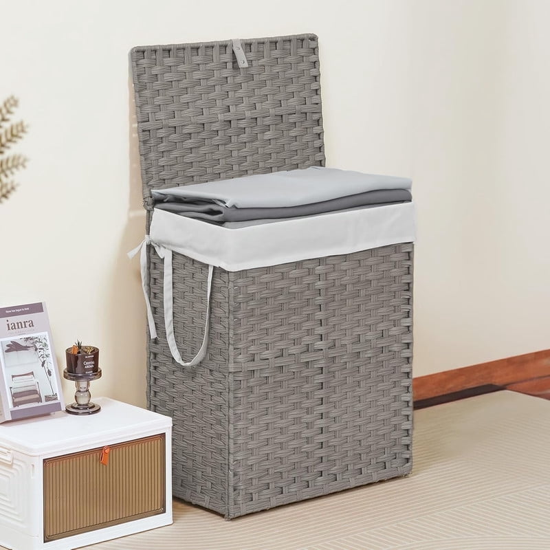 Simenmax 90L Foldable Laundry Hamper with Lid, Woven Laundry Basket with Removable Washable Liner, Rattan Clothes Hamper Sturdy Steel Frame Rattan Basket, Gray