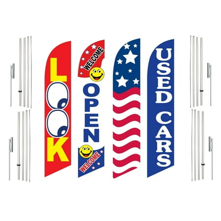 4 Swooper Flags With 4 Pole Kits Look Welcome Open USA Used Cars