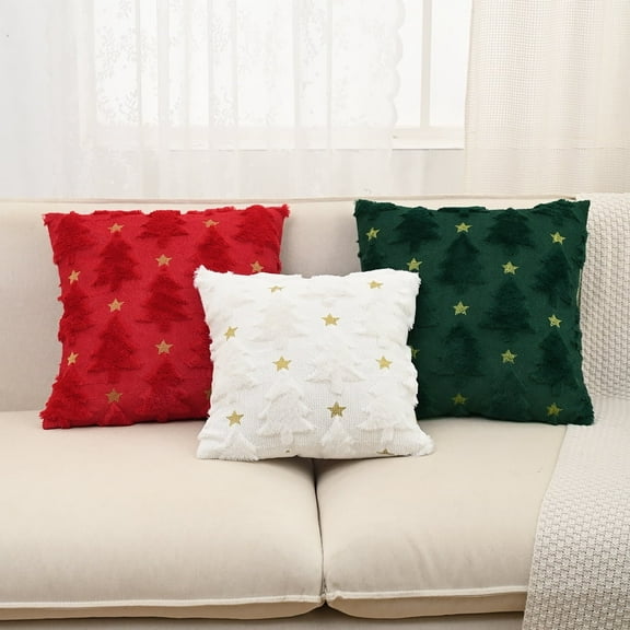 Set of 3 Christmas Pillow Covers 18x18, Red Green White Holiday Cushion Cases with Tree and Star Design