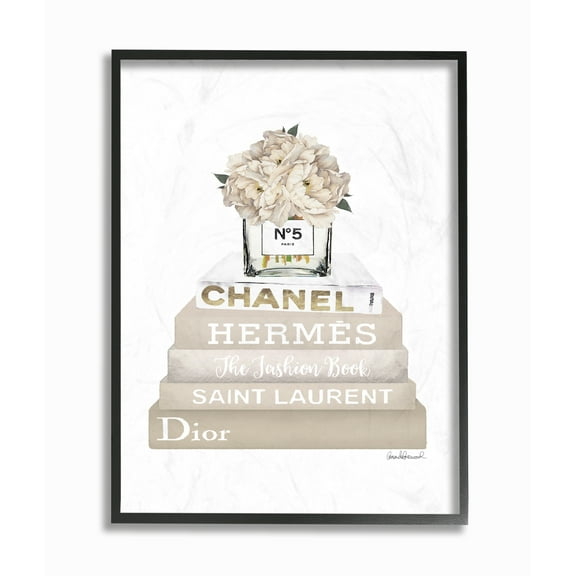 Stupell Industries High Fashion Bookstack with Tan Flowers Framed Wall Art by Amanda Greenwood