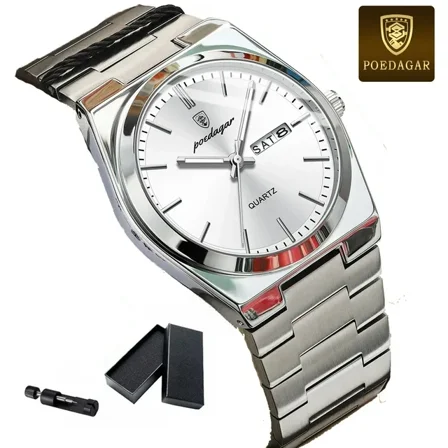 POEDAGAR Luxury Watch For Man Waterproof Luminous Date Week Stainless Steel Men Watch Casual Quartz Men's Watches Male Clock box