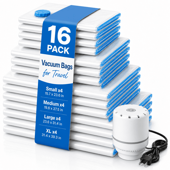 Vacuum Bags for Clothing Travel with Electric Pump, 16 Pack Vacuum Seal Bags, Space Saver Compression Bags for Luggage, Suitcases, Clothes, 4 Sizes