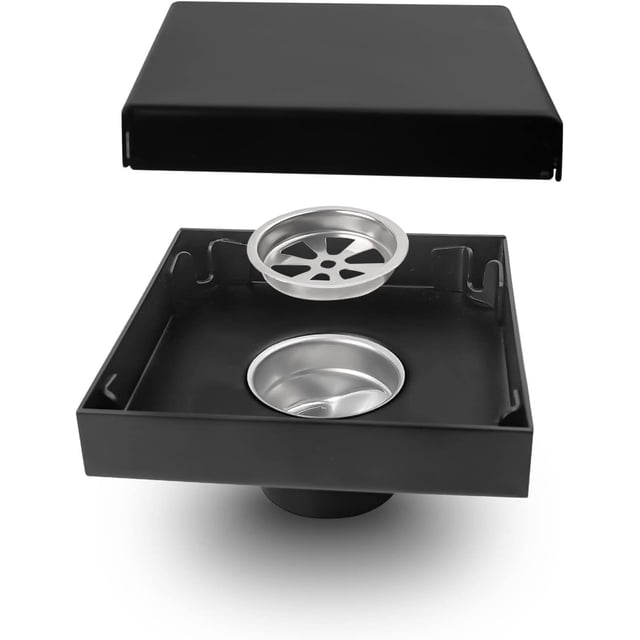Jinsinto Shower Drain, Square Black Stainless Steel Floor Drain, Invisible Design, 40mm Diameter Drain Hole, Anti Insects and Odors