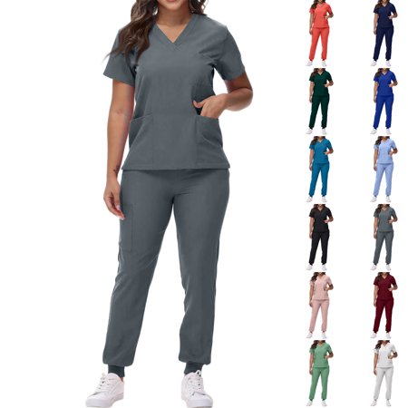 Minjewel Women s V-Neck Short Sleeve Scrub Set with Tie-Up Top & Waist Cinching Flattering Scrubs for Women Nurses & Caregivers White XL