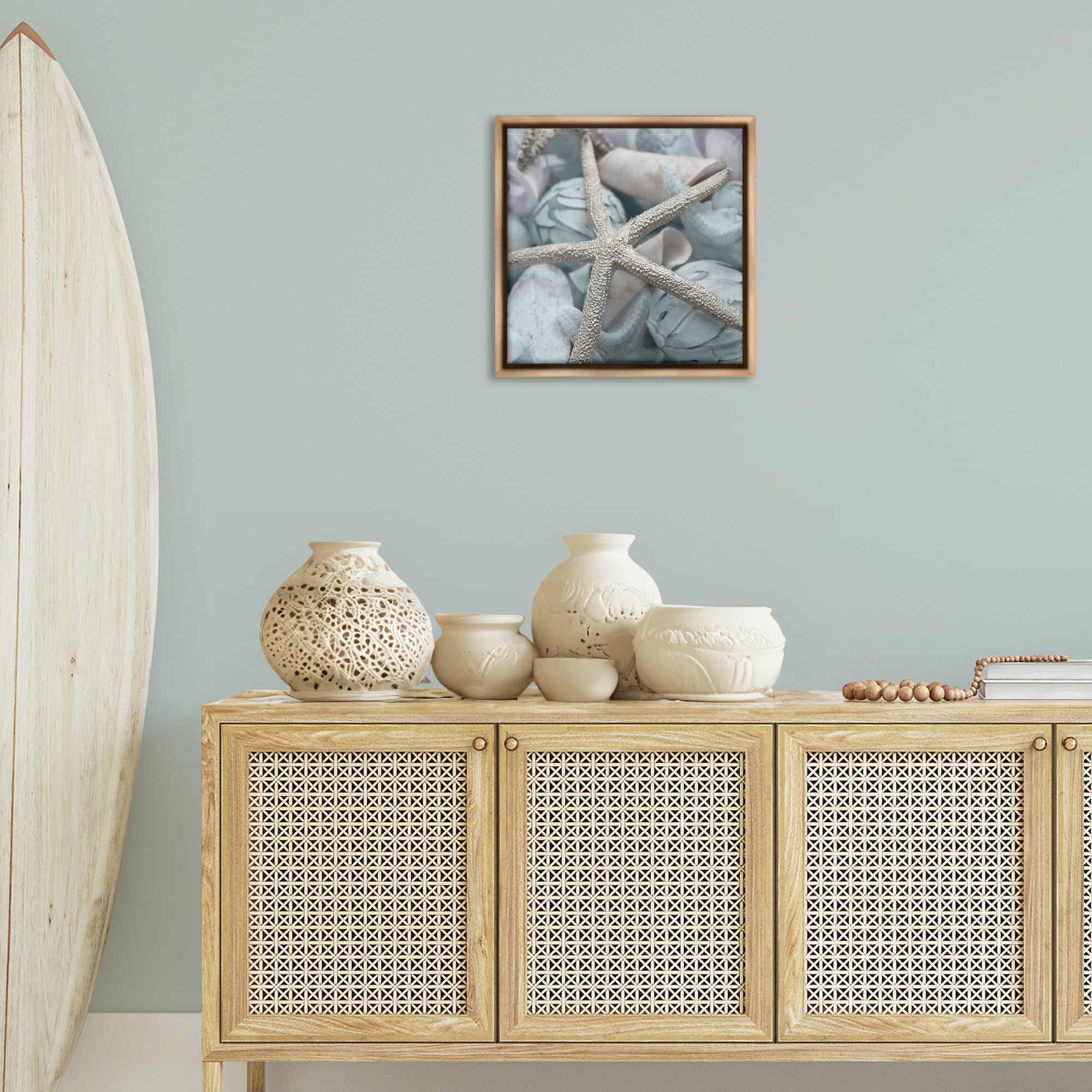 Stupell Industries Starfish & Various Shells Nautical & Beach Photography Brown Floater Framed Canvas Art Print Wall Art, 18 x 18