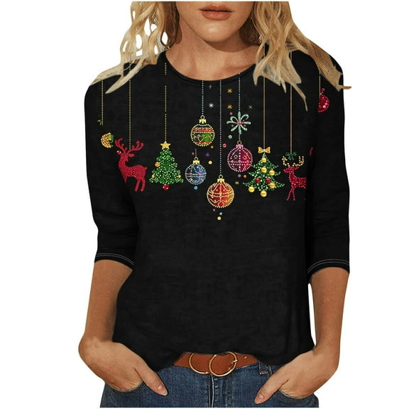 Womens Christmas Tops 3/4 Length Sleeve T Shirts Trendy Long Sleeve Dressy Women Blouses Long Sleeve Floral Tshirts Shirts For Women Plus Size Fall Outfits 2025