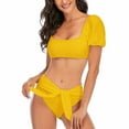 thumbnail image 2 of Odeerbi 2024 Women's Swimwear Two Piece Bikini Set Puff Sleeves High Waist Swimsuit Swimsuit Bandeau Bikini Padded Yellow, 2 of 7