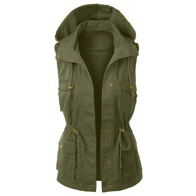 Pxiakgy Manteaux d'Hiver pour Femmes Gilet à Capuche pour Femmes Veste Sans Manches Gilet Utilitaire pour Femmes Vert + L