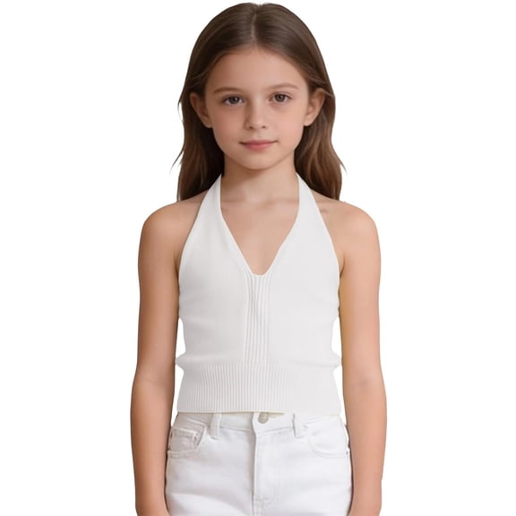 WNVMWI Girls Summer Outfits Toddlers V Neck Tank Tops Kids Knit Tied Sleeveless Top Childrens Slim Fit Basic Tees 7-8 Years White