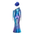 thumbnail image 3 of inlzdz Kids Girls 70s Hippie Dance Outfits One Shoulder Metallic Sequin Tassel Bell Bottom Jumpsuit and Hat Blue 12, 3 of 6