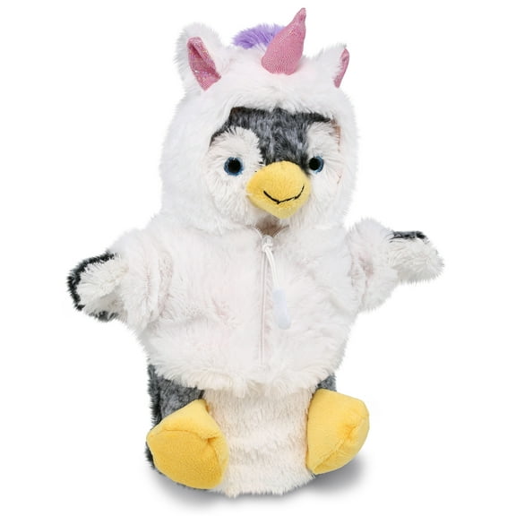 DolliBu Penguin Unicorn Plush Stuffed Animal Hand Puppet Toy - Super Soft Penguincorn Dress Up with Removable Plush Unicorn Outfit, Cute Fantasy Wildlife Gift - 8.5 Inches