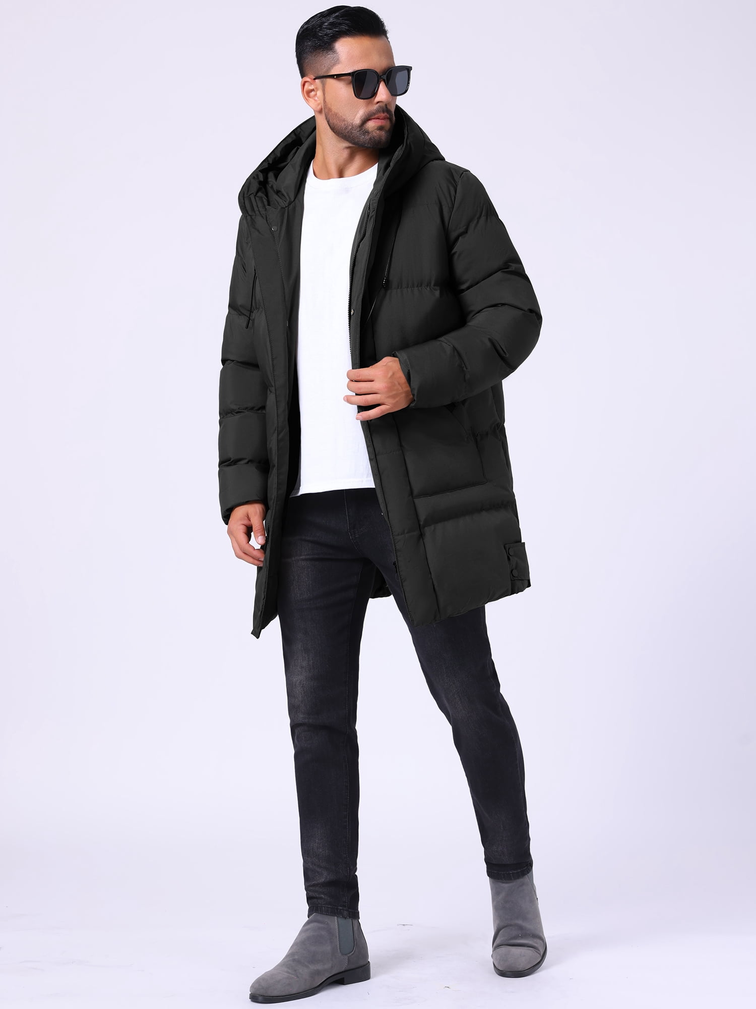 DARING DIVA Men's Mid-Length Outerwear Zipper Quilted Hooded Padded Coat XL Black