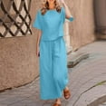 thumbnail image 2 of GEWSEY Womens Lounge Sets 2 Piece Outfits Short Sleeve V Neck Summer Top Elastic Waist Wide Leg Pants Tracksuit Outfits (Blue, L), 2 of 5