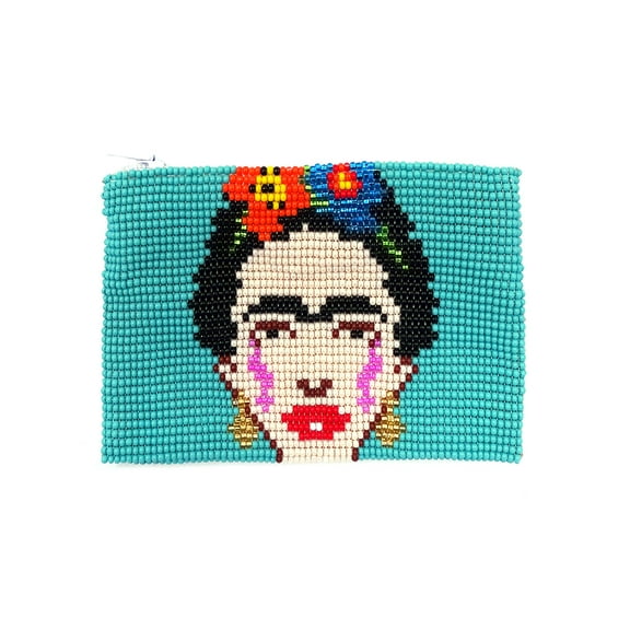 Frida Kahlo Face Mexican Artist Czech Glass Seed Beaded Coin Purse Zipper Pouch - Womens Fashion Handmade Bags Boho Travel Accessories
