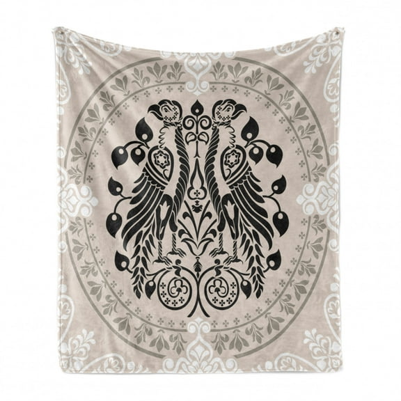 Vintage Soft Flannel Fleece Throw Blanket, Heraldic Eagle Birds with Damask Floral Victorian Retro Design, Cozy Plush for Indoor and Outdoor Use, 50" x 60", Tan Black White, by Ambesonne